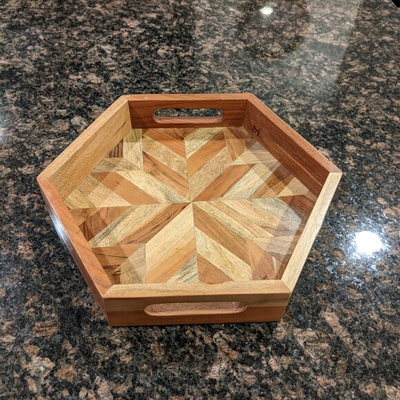 Multi-color Brown Hexagonal Wooden Serveware Tray - Picture 4 of 5